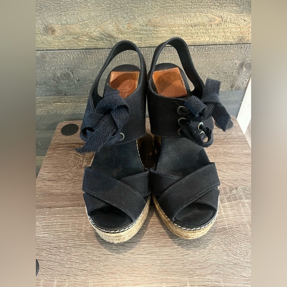 TORY BURCH Black Lace Up Canvas Espadrille Wedges Sandals Size 5 - Picture 15 of 16